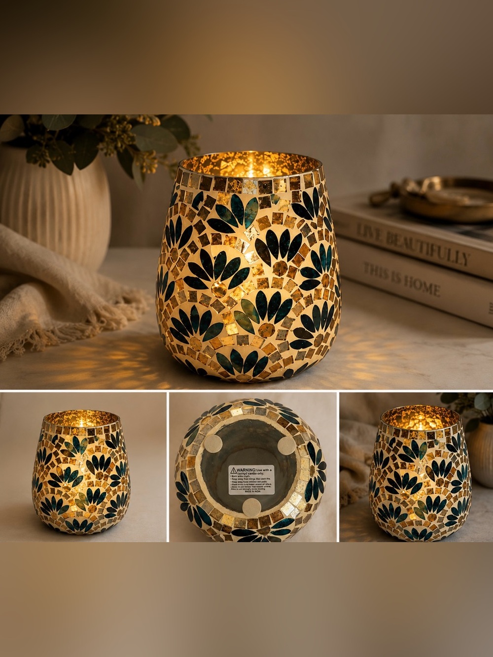 Mosaic Candle Holder with Leaf Design
